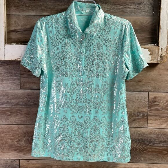 CORAL BAY GOLF Ladies Mint Green Silver Metallic Polo Style Shirt Size Medium - Picture 2 of 6